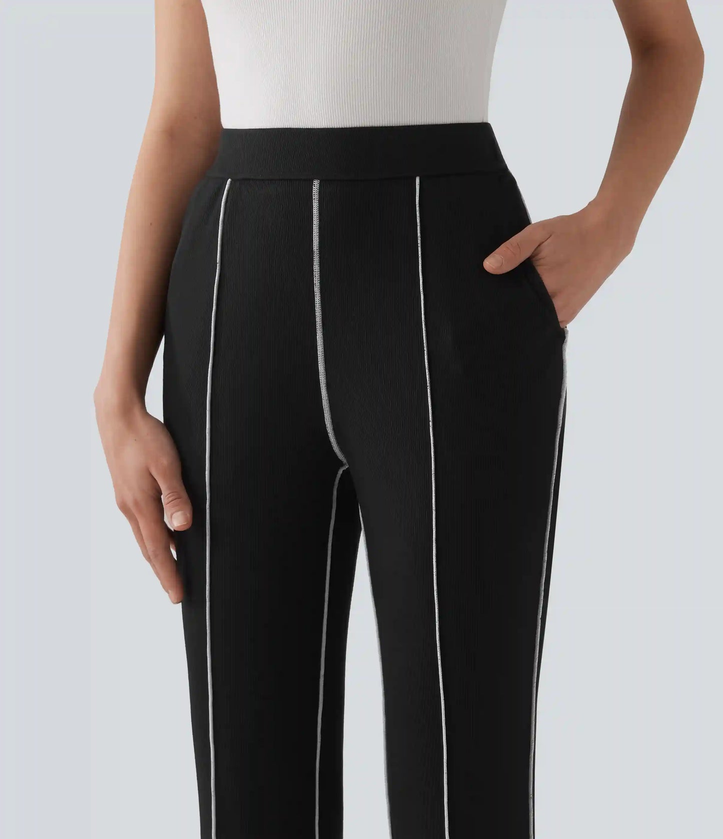 High Stretch Ribbed Knit High Waisted Color Block Top-stitching Casual Flare Leggings with Pockets