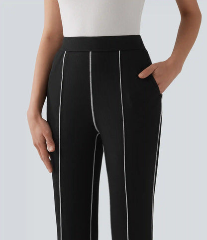 High Stretch Ribbed Knit High Waisted Color Block Top-stitching Casual Flare Leggings with Pockets