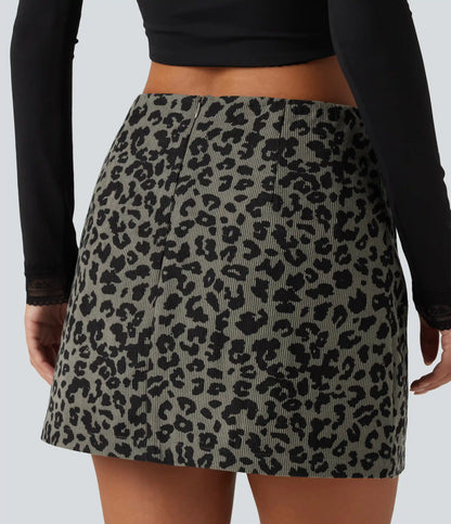 High Waisted 2-in-1 A-Line Leopard Print Corduroy Mini Casual Skirt with Pocket