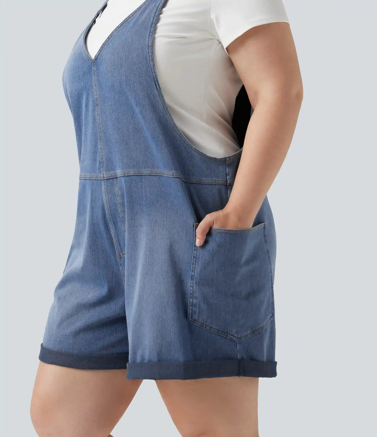 Plus Size Halara Flex™ V Neck Rolled Hem Washed Denim Casual Short Overalls with Pockets