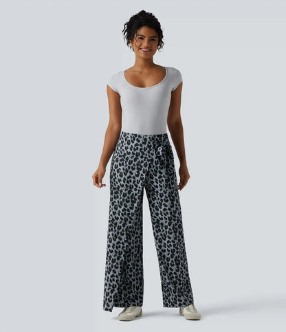 High Waisted Tie Side Wide Leg Leopard Print Work Pants