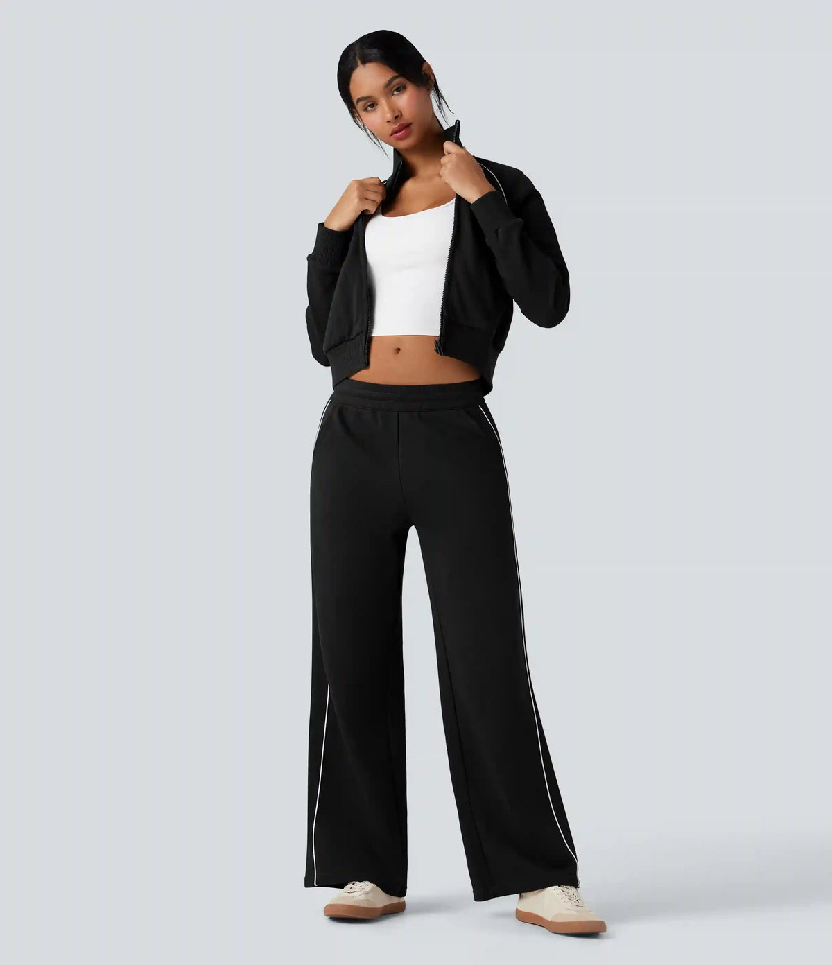 Mid Rise Drawstring Straight Leg Color Block Casual Cotton Pants with Pockets