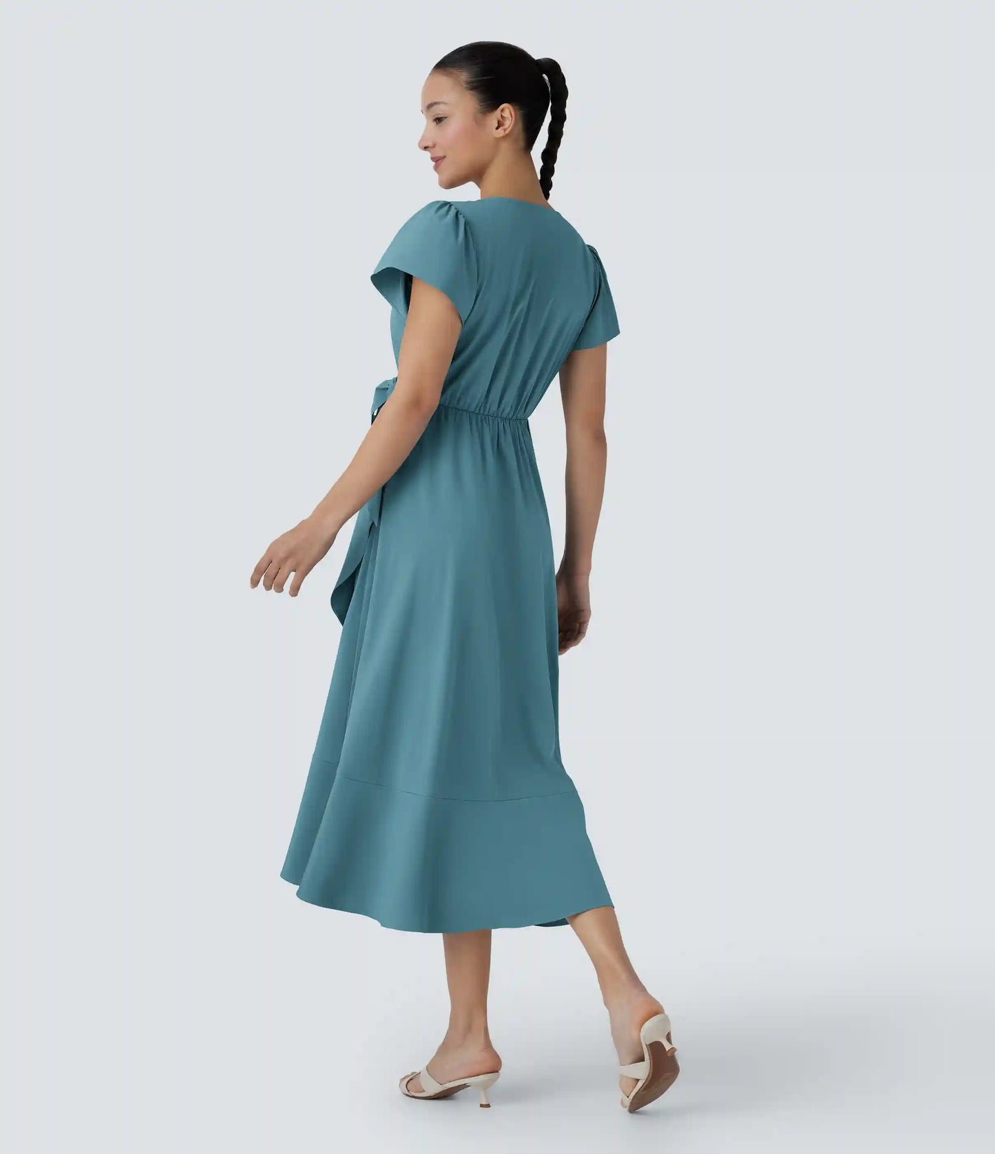 Breezeful™ V Neck Short Sleeve Wrapped Tie Pocket Ruffle Flowy Quick Dry Midi Casual Dress
