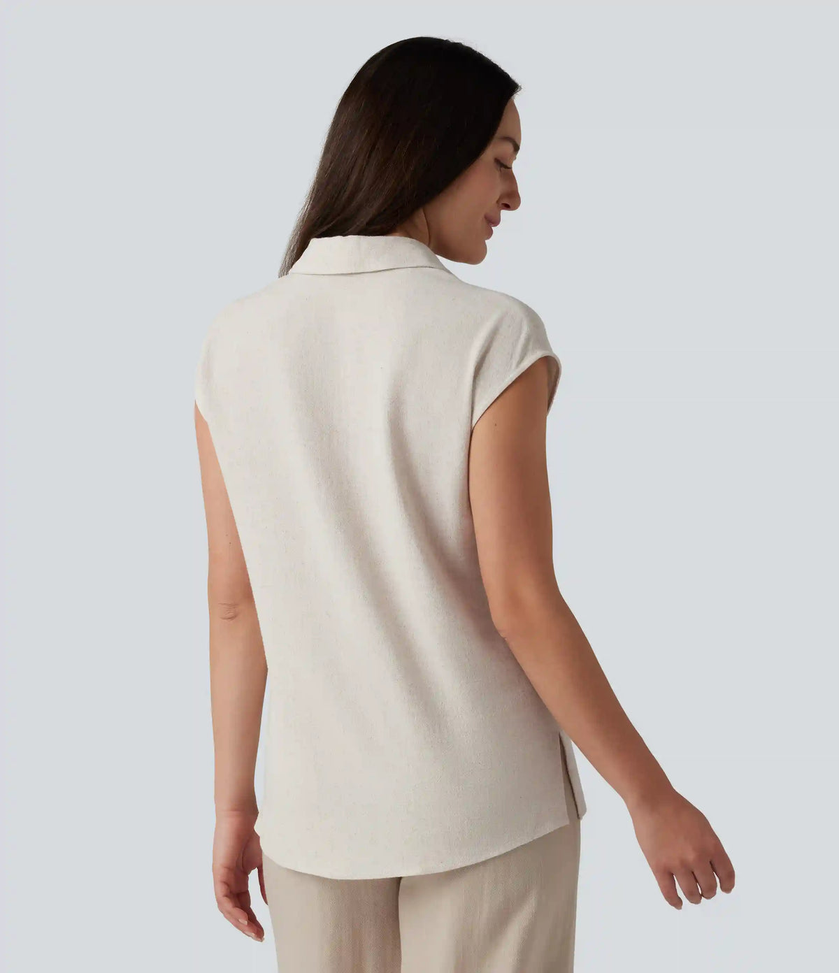 V-neck Sleeveless Split Hem Work Linen-Blend Blouse