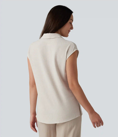 V-neck Sleeveless Split Hem Work Linen-Blend Blouse