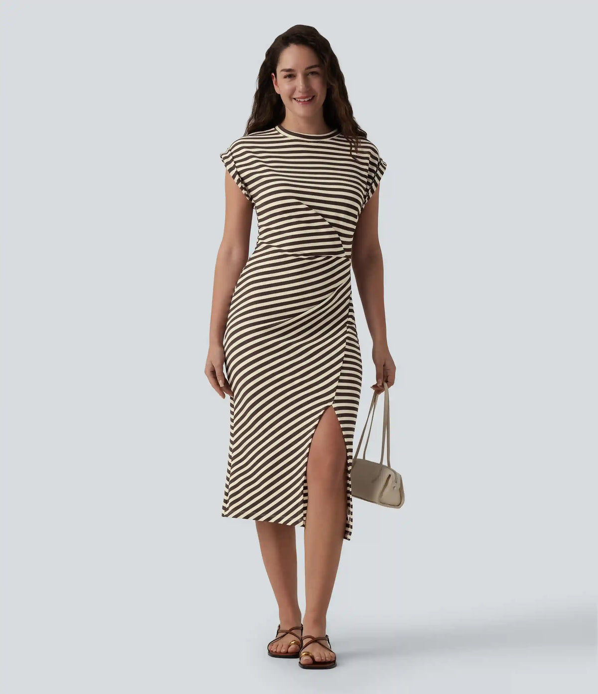 Round Neck Short Sleeve Asymmetrical Split Hem Stripes Waffle Casual Midi T-Shirt Dress