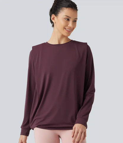 Round Neck Long Sleeve Ruched InstantCool Yoga Sports Top-Longer Length-UPF50+