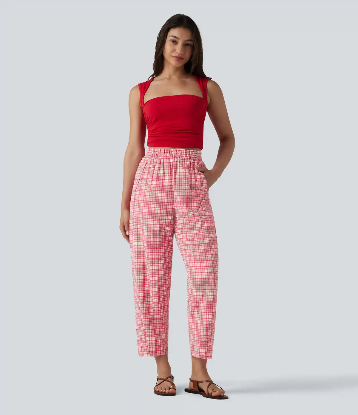 High Waisted Crinkle Plaid Casual Pants with Pockets