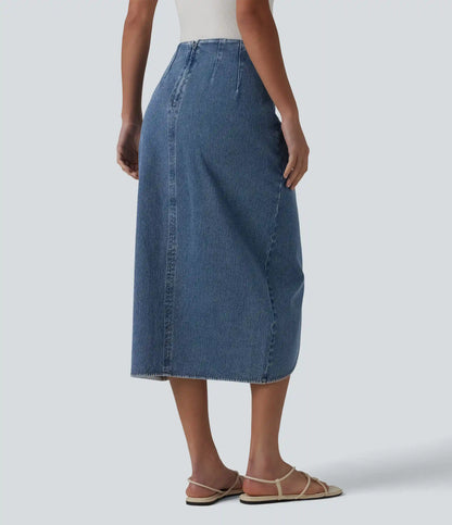 Halara Flex™ High Waisted Back Zipper Ruched Tulip Hem Midi Washed Denim Casual Skirt