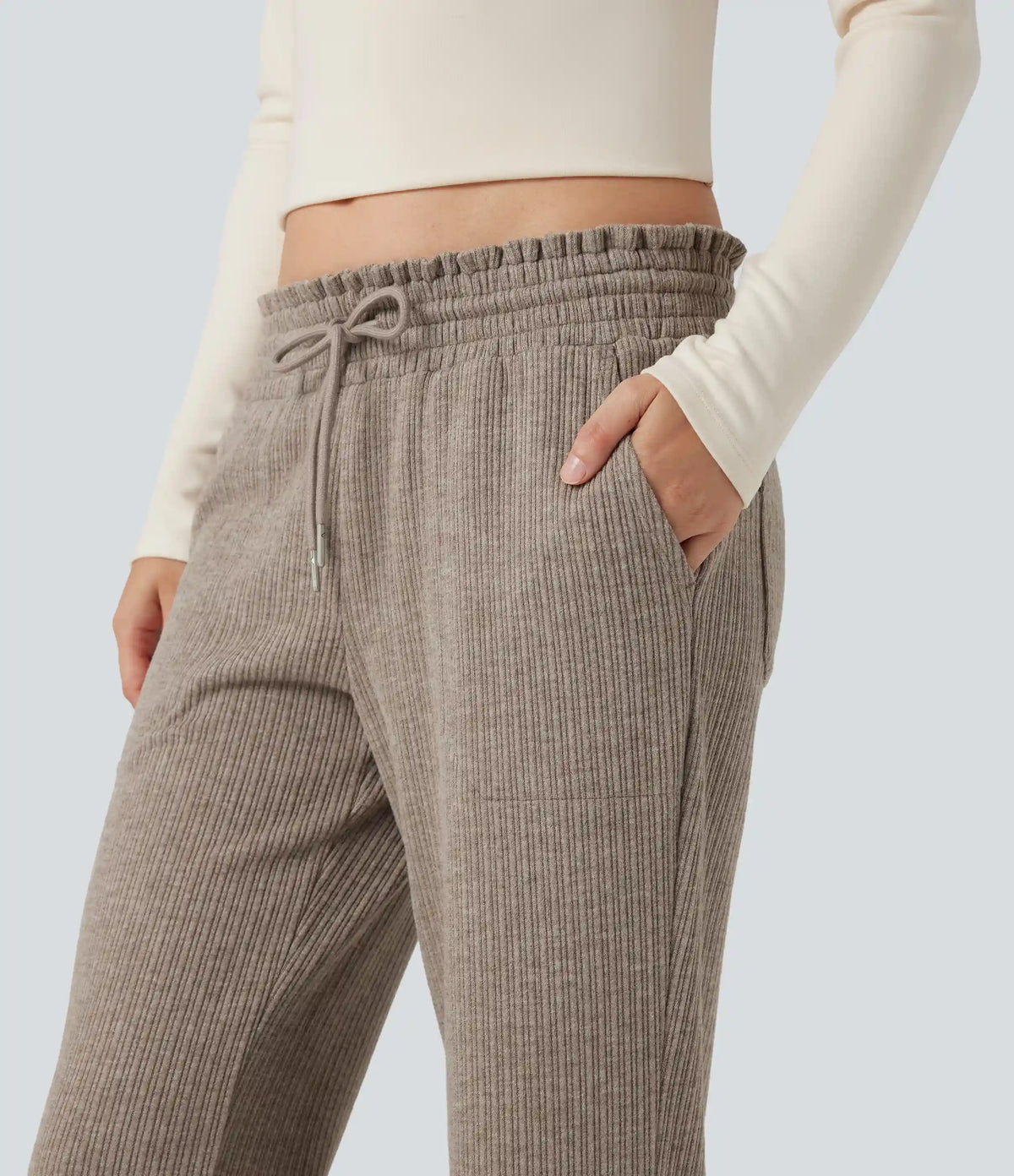 Ribbed Knit Low Rise Drawstring Casual Bootcut Pants with Pockets