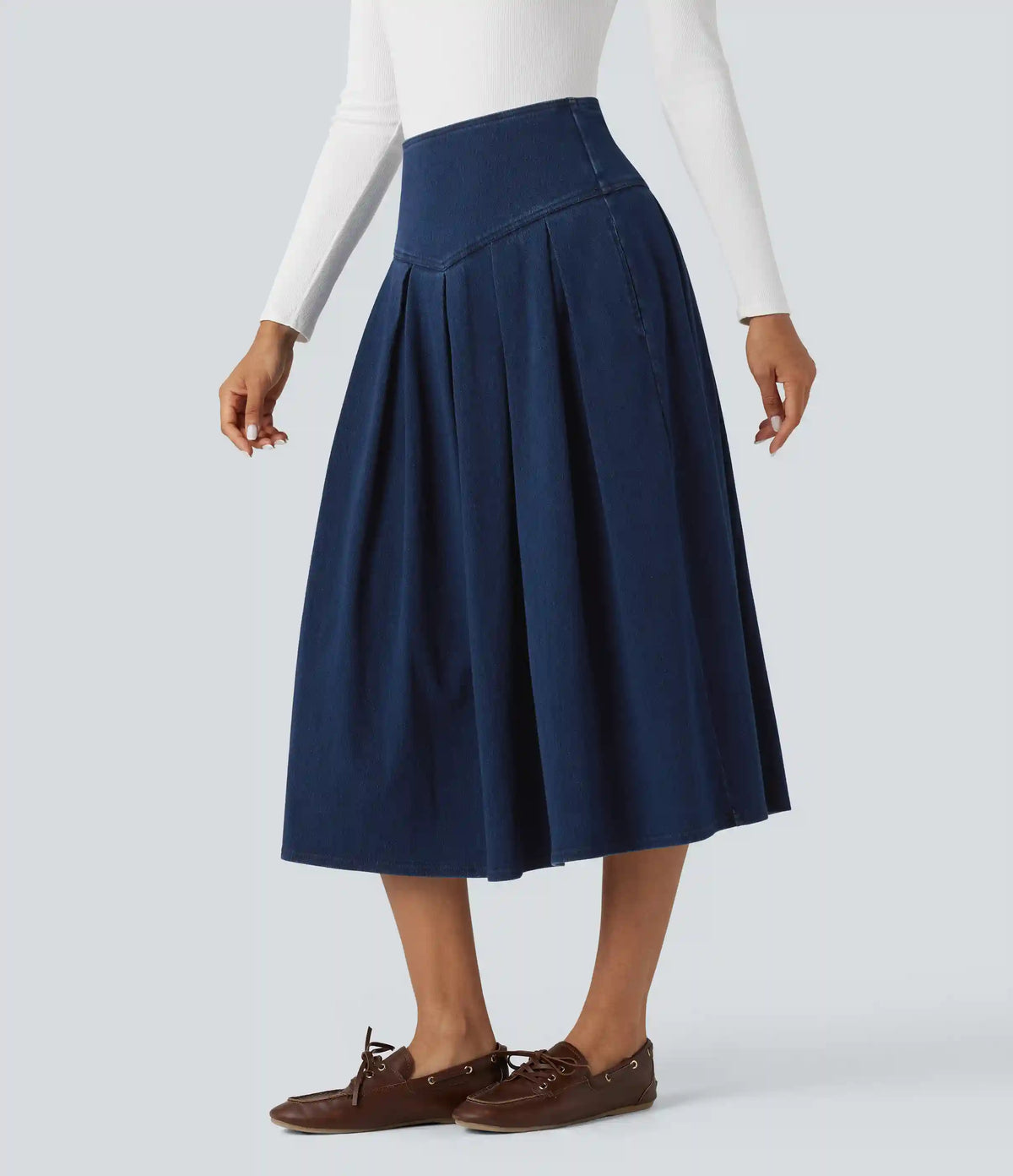 Halara Flex™ High Waisted Tummy Control Pleated Midi Casual Denim Skirt with Pockets
