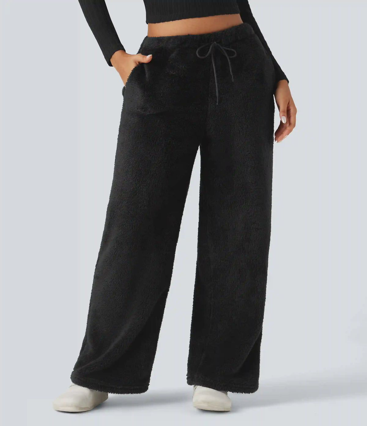 Mid Rise Drawstring Teddy Straight Leg Casual Pants with Pockets