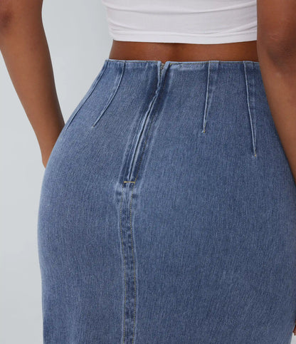 Halara Flex™ High Waisted Back Zipper Ruched Tulip Hem Midi Washed Denim Casual Skirt