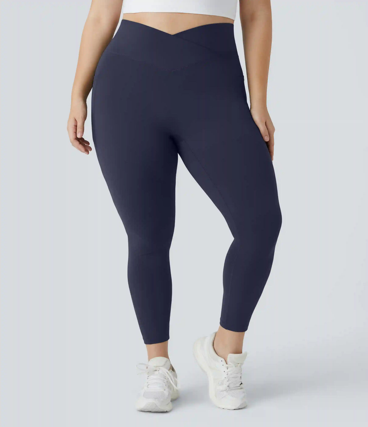 SoftlyZero™ High Waisted Crossover Pocket Plain Plus Size Full Length Leggings