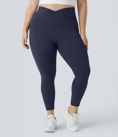 SoftlyZero™ High Waisted Crossover Pocket Plain Plus Size Full Length Leggings