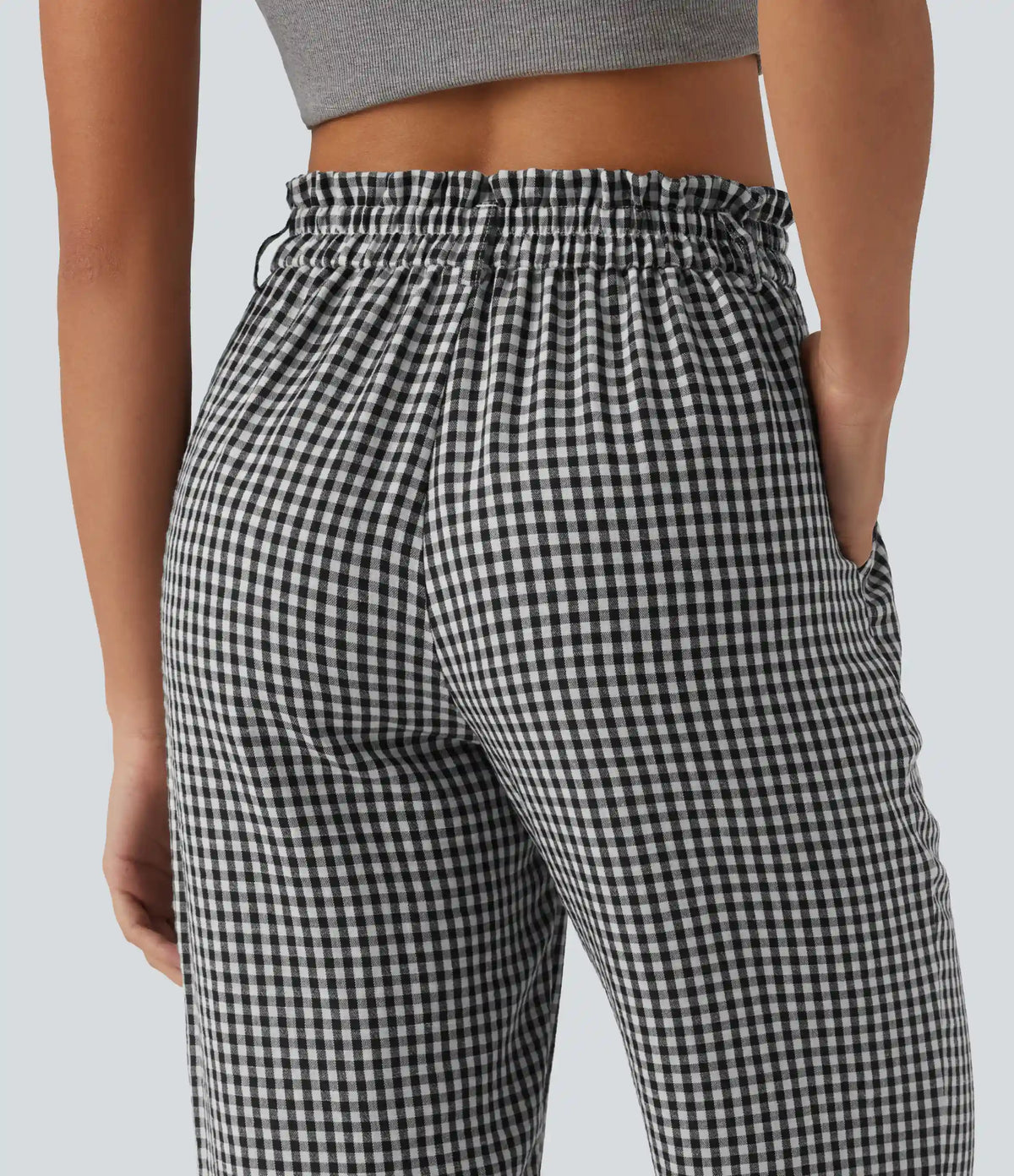 High Waisted Cropped Plaid Casual Linen-Feel Pants with Pockets