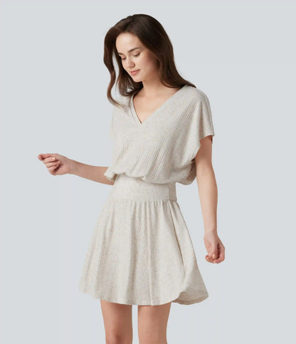 Ribbed Knit V-neck Short Sleeve 2-in-1 Mini Casual Linen-Blend Flowy Dress