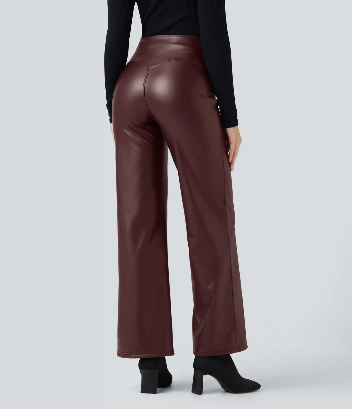 High Waisted Tummy Control Stretchy PU Fleece Casual Flare Pants with Pockets