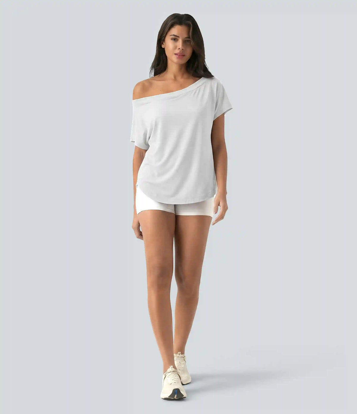One Shoulder Short Sleeve Curved Hem High Low Quick Dry Yoga Sports Top-Built-in Bra