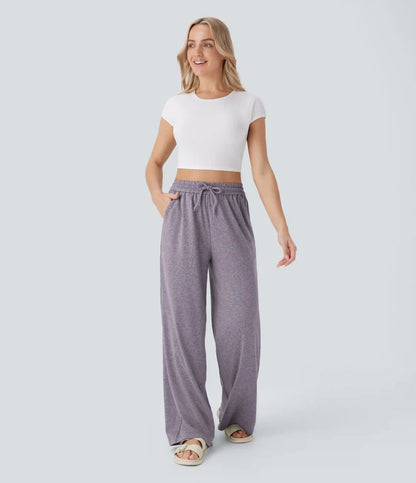 High Waisted Drawstring Pocket Wide Leg Baggy Casual Pants