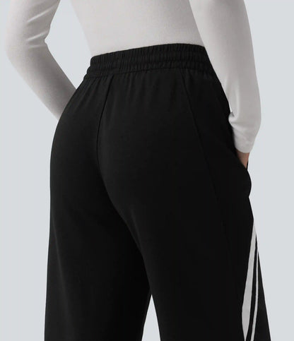 Mid Rise Inner Drawstring Wide Leg Color Block Casual Sweatpants with Pockets