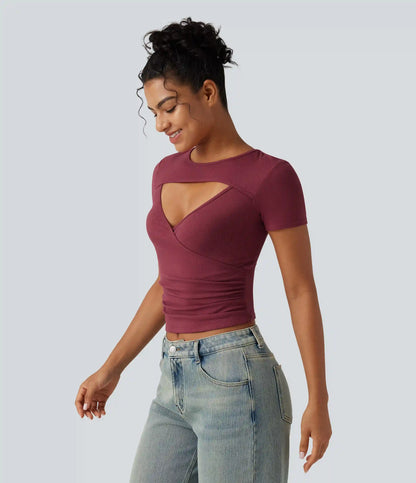 Ribbed Knit Round Neck Cut Out Short Sleeve Ruched Casual T-Shirt