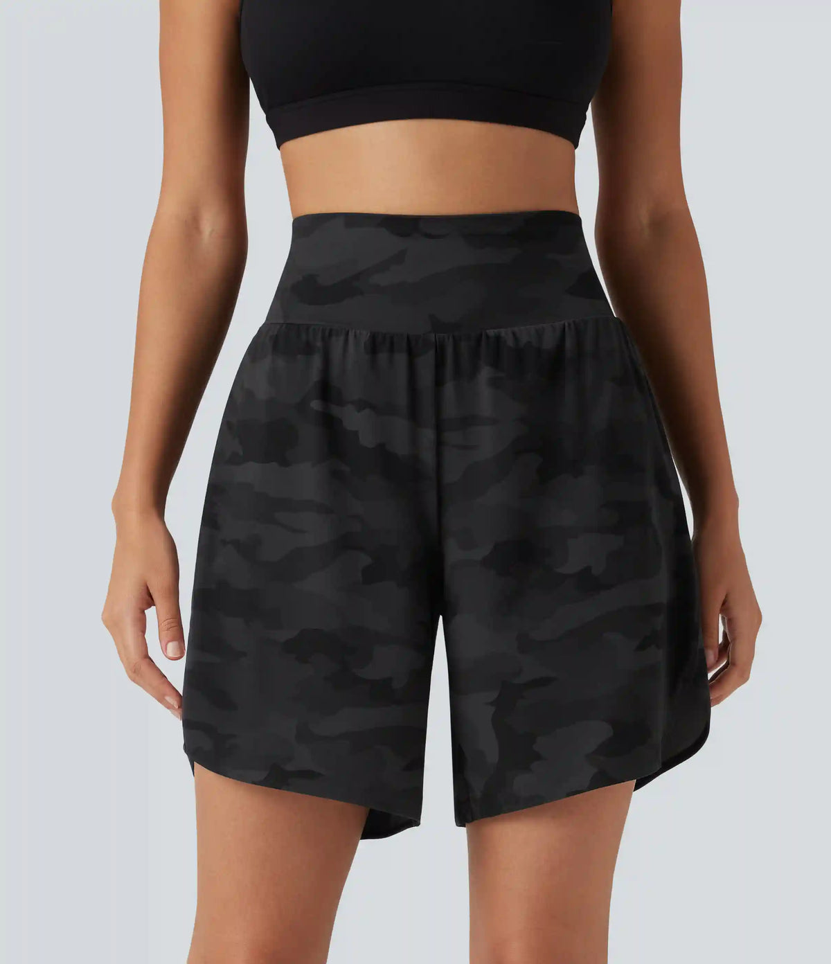 Halara UltraSculpt™ Camo Print High Waisted Tummy Control Curved Hem Running Shorts 7" with Pocket