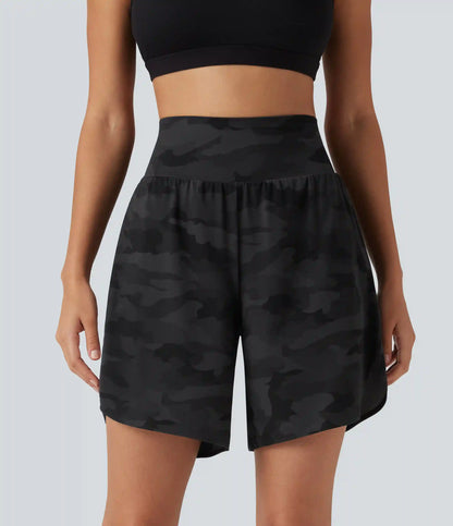 Halara UltraSculpt™ Camo Print High Waisted Tummy Control Curved Hem Running Shorts 7" with Pocket