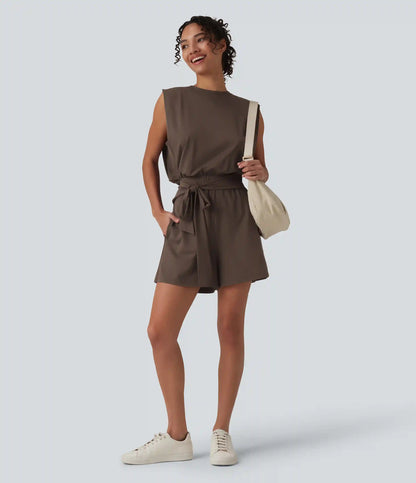 Round Neck Sleeveless Tie-front Cool Touch Casual Romper with Pockets-Easy Peezy-UPF50+