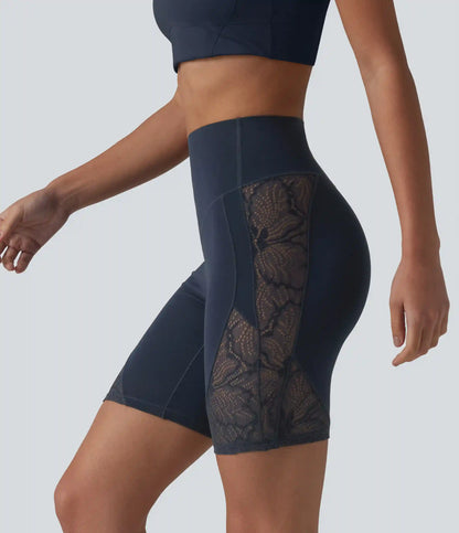 Halara UltraSculpt™ High Waisted Tummy Control Contrast Lace Yoga Biker Shorts 7'' with Pocket