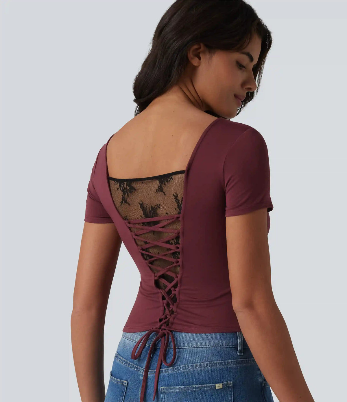 U Neck Short Sleeve Built-in Bra Contrast Lace Tie Back Casual T-Shirt