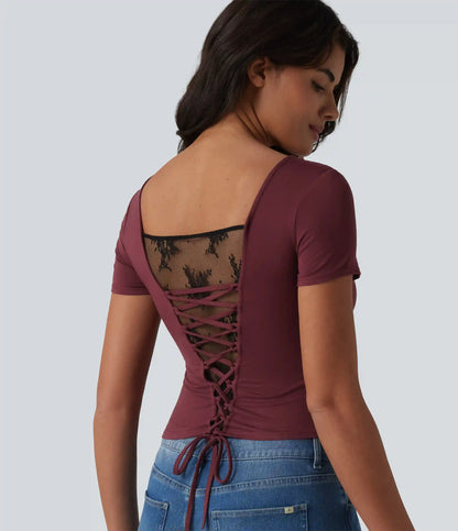 U Neck Short Sleeve Built-in Bra Contrast Lace Tie Back Casual T-Shirt