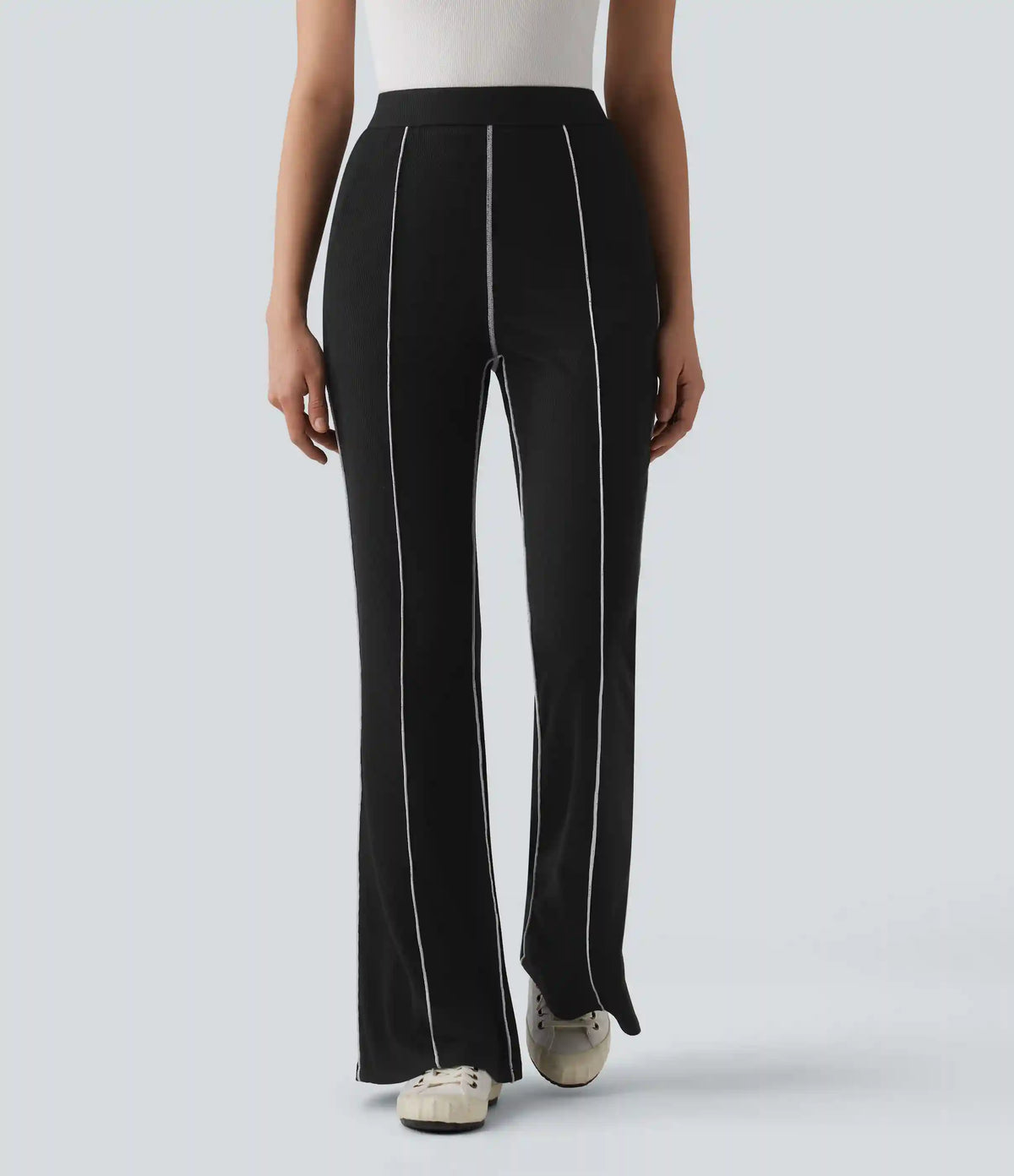 High Stretch Ribbed Knit High Waisted Color Block Top-stitching Casual Flare Leggings with Pockets