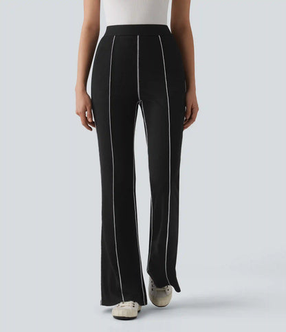 High Stretch Ribbed Knit High Waisted Color Block Top-stitching Casual Flare Leggings with Pockets