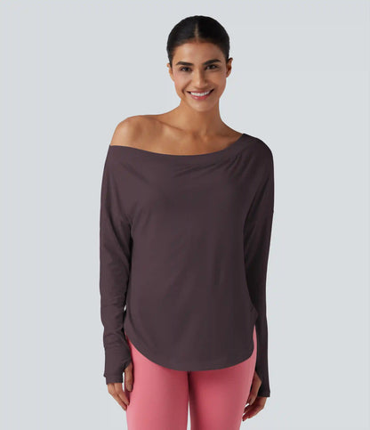 One Shoulder Long Sleeve Thumb Hole Curved Hem High Low Quick Dry Yoga Sports Top-Built-in Bra
