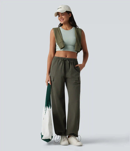Mid Rise Drawstring Straight Leg Casual Cargo Pants with Pockets