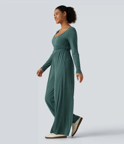 Scoop Neck Long Sleeve Built-in Bra Wide Leg Ruched Casual Jumpsuit with Pockets-Easy Peezy Edition