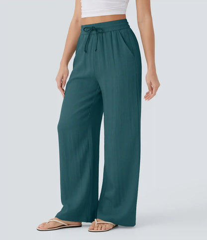 High Waisted Drawstring Pocket Wide Leg Baggy Casual Linen-Feel Pants
