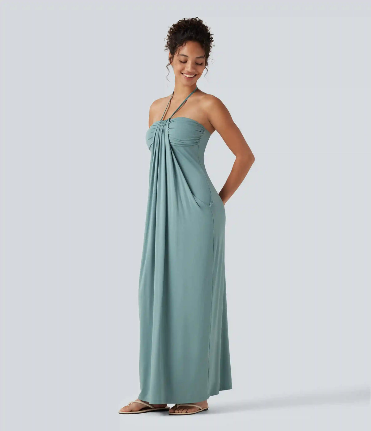 Halter Tie Back Built-in Bra Maxi Dress with Pockets