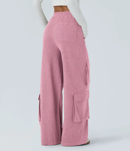 Ribbed Mid Rise Drawstring Pockets Wide Leg Cargo Casual Pants