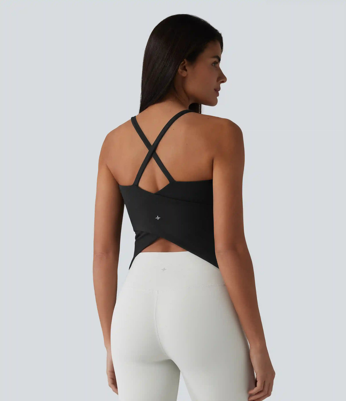 Scoop Neck Crisscross Back Crossover Hem Built-in Bra Yoga Cami Top DD-F Cups