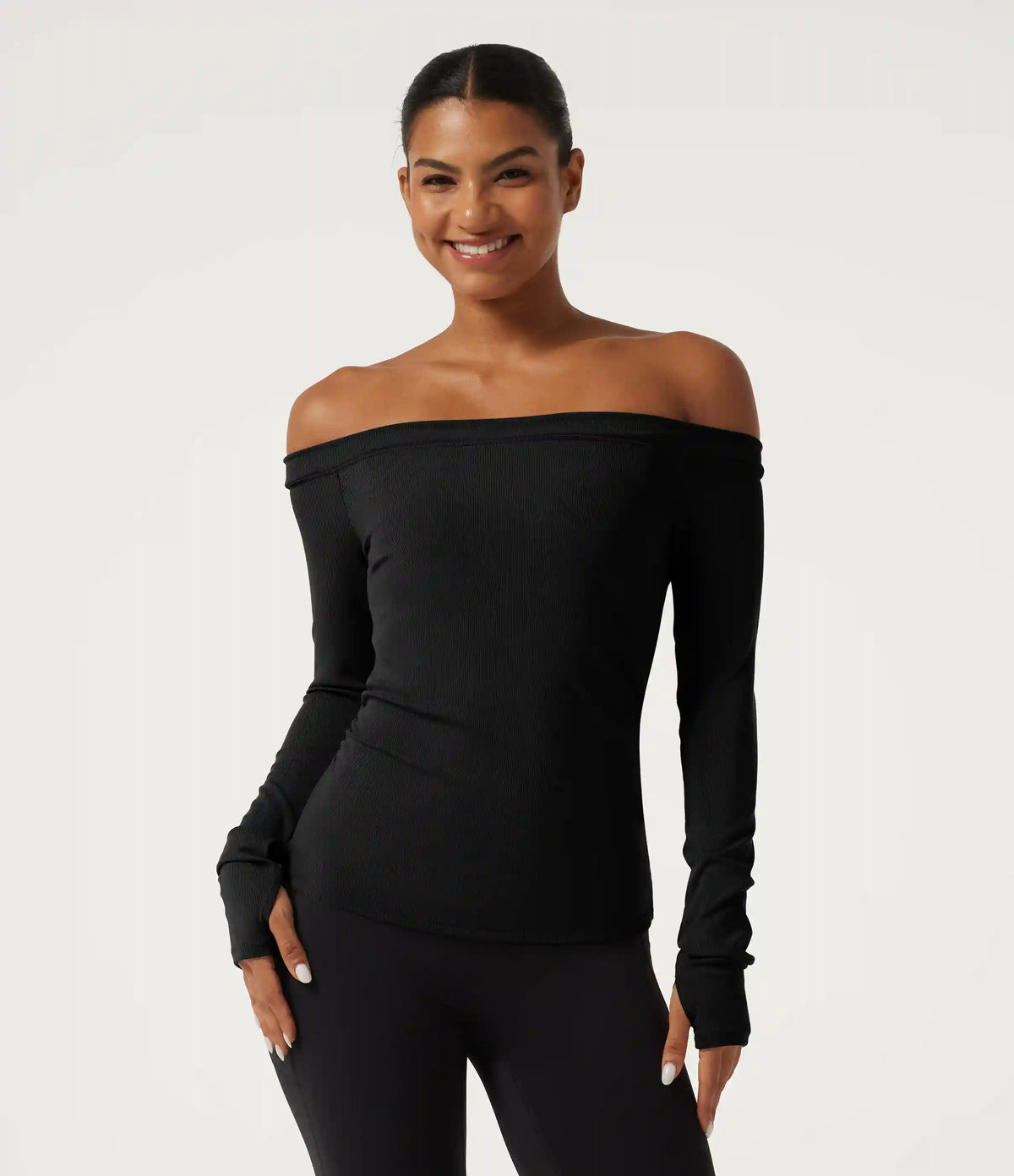 Ribbed Knit Off Shoulder Long Sleeve Thumb Hole Built-in Bra Yoga Sports Top