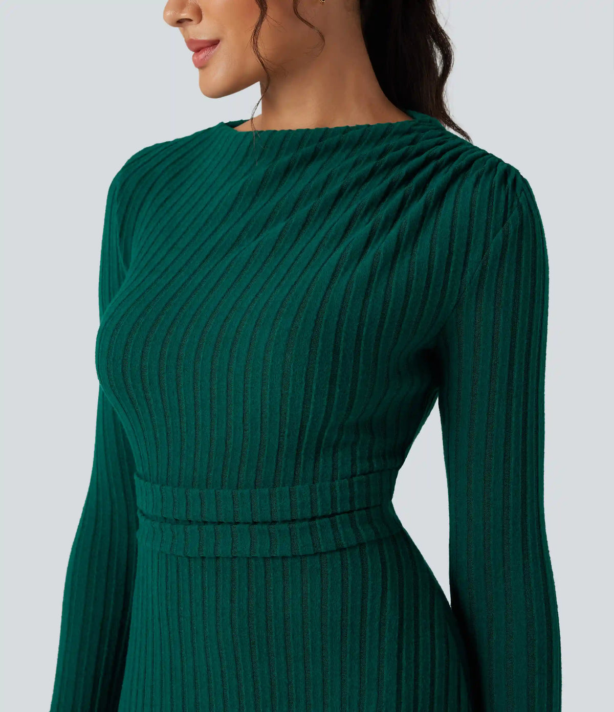 Ribbed Knit Long Sleeve Midi Casual Dress with Pockets