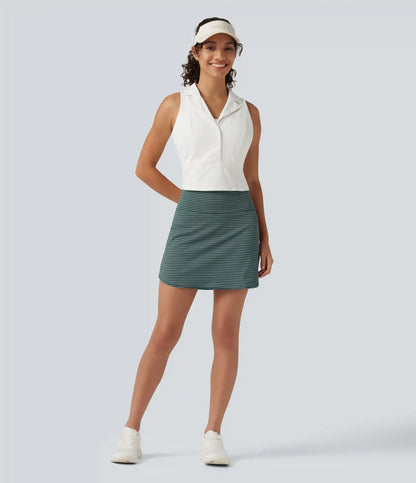 Ultra High-Waist Tummy Control Curved Hem 2-in-1 Stripes Golf Mini Skirt with Pockets