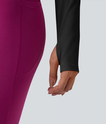 Ribbed Push-Up Square Neck Long Sleeve Thumb Holes Yoga Sports Top
