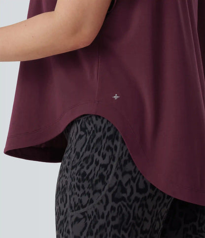 Plus Size One Shoulder Short Sleeve Curved Hem Quick Dry Yoga Sports Top with Built-in Bra
