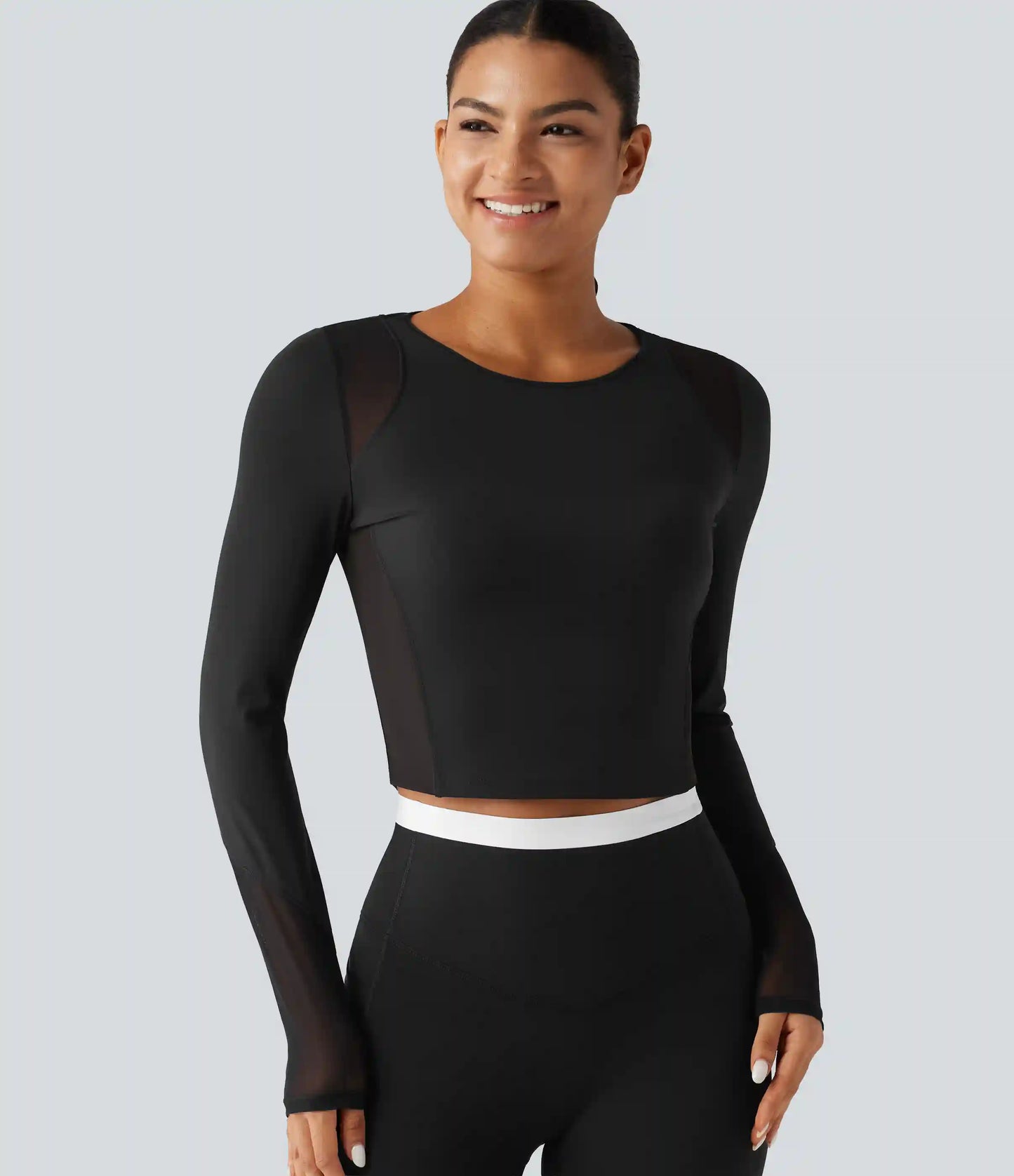 Round Neck Long Sleeve Contrast Mesh InstantCool Quick Dry Yoga Sports Top