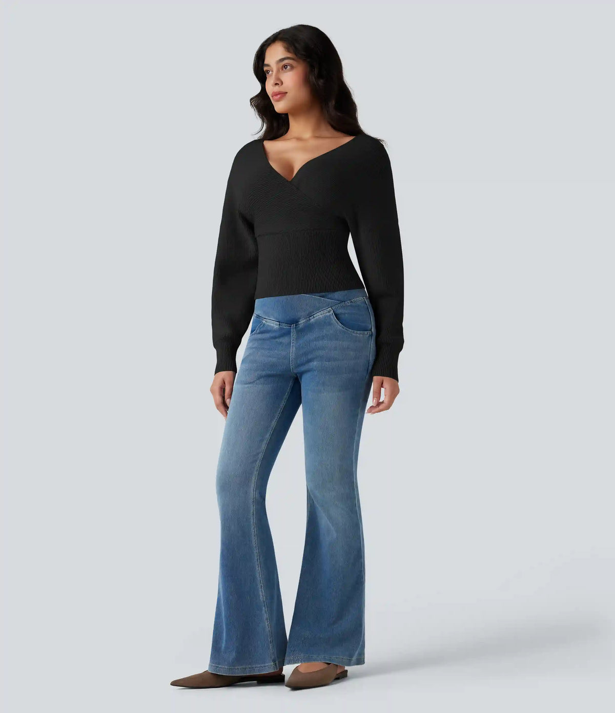 V-neck Batwing Long Sleeve Cut-out Casual Sweater