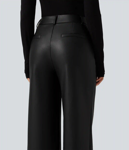 High Waisted Straight Leg Seam Stretchy PU Fleece Casual Leather Pants with Pockets