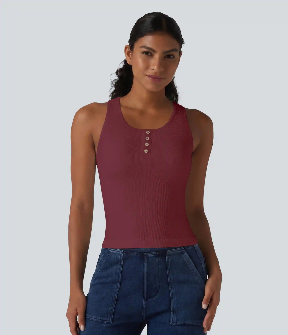 Ribbed Knit Round Neck Built-in Bra Casual Tank Top
